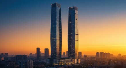 Two towering skyscrapers at sunrise over a city