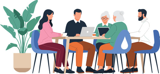 Vector illustration of a diverse team, including older adults, collaborating around a laptop at a table in an office or casual business meeting setting