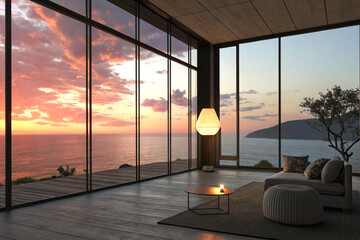 Minimalist room with sunset view