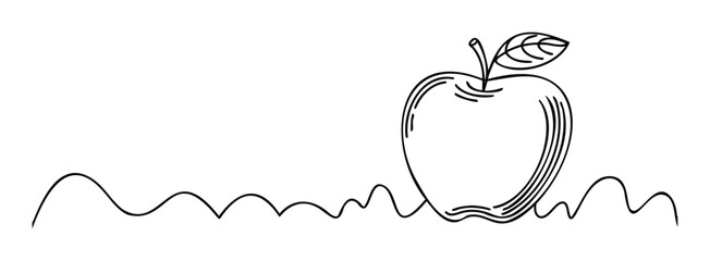 Simple line drawing of a fresh apple with stem and leaf resting on a wavy line representing ground, perfect for healthy eating promotions and educational materials.