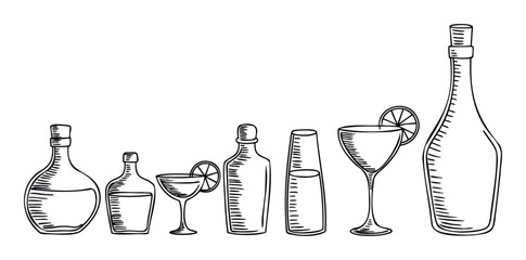 Collection of handdrawn bottles and cocktail glasses with citrus garnish, perfect for beverage advertising and menu graphics