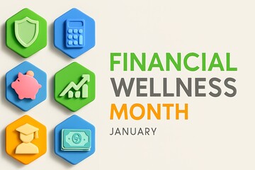Financial wellness month january icons and text