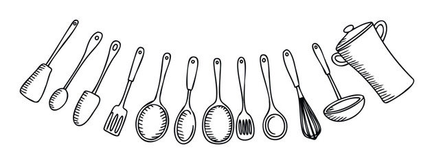 Collection of handdrawn kitchen utensils including spatulas, spoons, whisk, ladle and pot for cooking and baking preparations, perfect for food blogs and recipe sites.