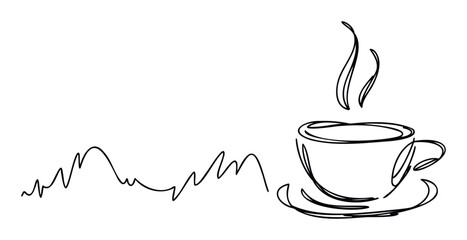Black ink drawing of a steaming coffee cup on a saucer beside a wavy line representing a graph, perfect for representing morning routines or financial charts in presentations and marketing