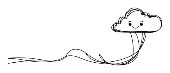 Happy cloud character with flowing ribbons, representing imagination and dreams, perfect for childrens books, posters, and cheerful promotions