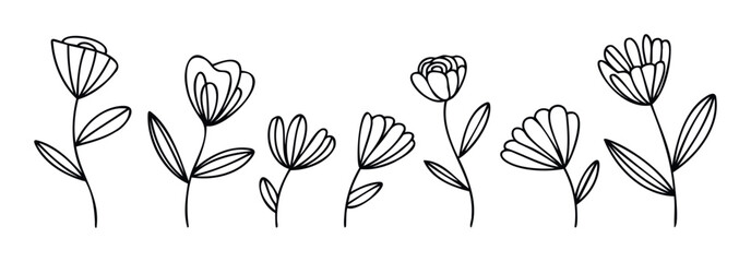 Collection of six delicate floral outlines, elegantly drawn in black ink on a white background, perfect for graphic design, invitations, and spring themes
