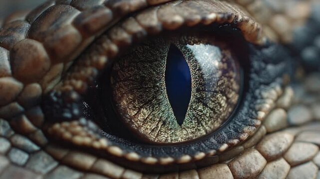 A strikingly detailed macro view captures the predatory intensity and intricate textures of a powerful reptile's watchful eye, showcasing primal instinct