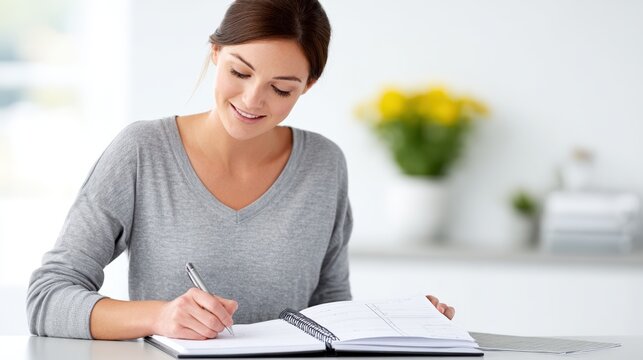 Woman in gray sweater writing in notebook at a bright table with flowers in the background, embodying creativity and focus in a serene workspace environment - Powered by Adobe