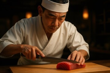 Japanese chef concentrating, expertly slicing a block of fresh red tuna on a wooden cutting board, preparing ingredients for sushi