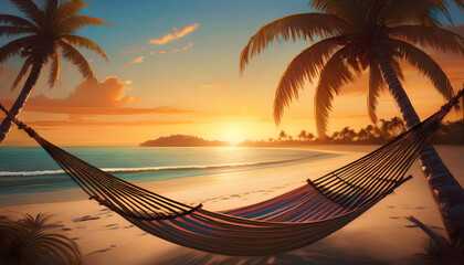 Hammock on a tropical beach at sunset, surrounded by palm trees, peaceful and relaxing scene