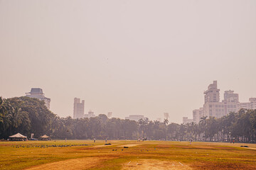 Mumbai, India Open grassy expanse with distant Mumbai skyline visible through warm atmospheric haze. A peaceful urban landscape blending nature and city life.