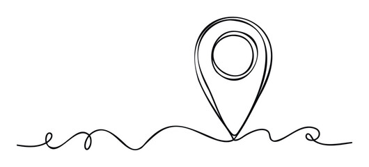 Continuous line drawing of a location pin connected to a winding path, symbolizing travel and navigation for global positioning systems and destination search applications