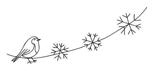 Whimsical line drawing of a small bird perched on a delicate branch adorned with snowflakes, perfect for winter holiday themes and festive greeting cards.