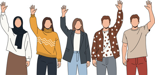Vector illustration set of diverse and multicultural men and women raising their hands to wave, representing greetings, inclusion, and a wide community group © Aminul