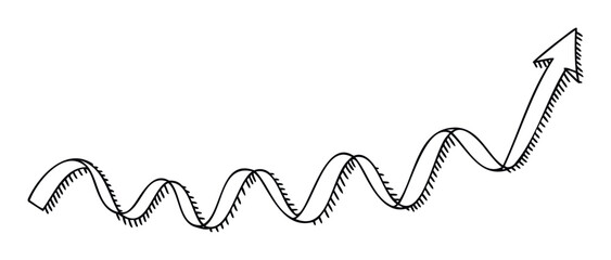 Growing upward arrow with wavy line and sharp edges symbolizing progress and development in business or finance shown on a plain background for presentations and charts.