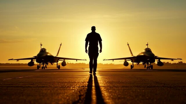 Silhouetted pilot walking on runway at sunrise with fighter jets parked behind creating powerful military aviation scene with golden light