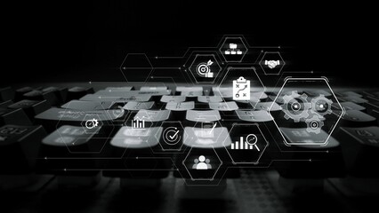 Business management system showing teamwork, productivity, and planning. Management supports goal, management tracks progress, management improves teamwork, and enhances productivity. Marrow