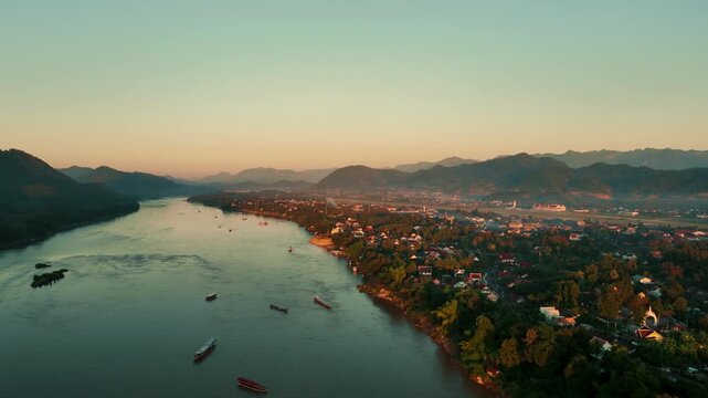 Drone aerial view of Luang Prabang an UNESCO World Heritage city in Laos.