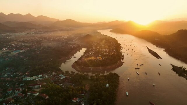 Drone aerial view of Luang Prabang an UNESCO World Heritage city in Laos.