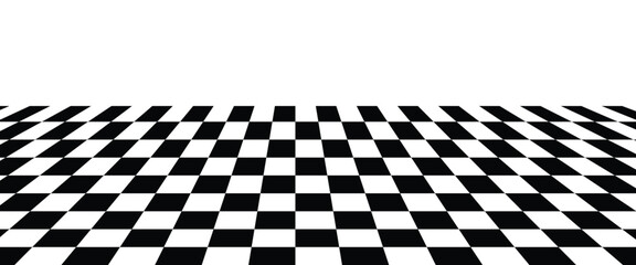 Black and White Chess Board Pattern Floor in Perspective with Vanishing Point for Background, Stage, or Race Track Design
