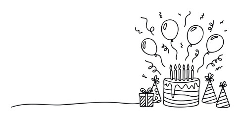 Simple line drawing of birthday celebration with cake, candles, balloons, party hats, and gift symbolizing joyous festive occasions and party planning for invitations and greetings.