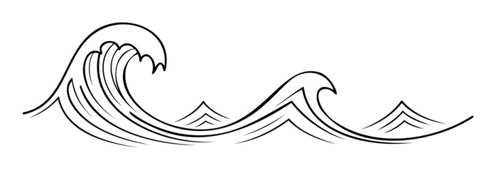 Stylized black line art depiction of dynamic ocean waves cresting and rolling, perfect for maritime themes, water sports branding, and natureinspired graphics.