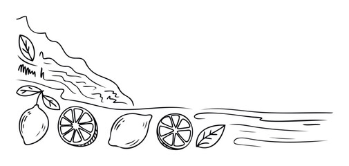 Fresh organic lemons and leaves in a simple line drawing, perfect for healthy food promotions and natural product branding.