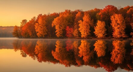 Reflections of Autumn's brilliance on tranquil lake at golden sunrise