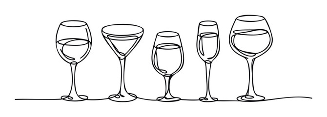 Collection of five elegantly drawn wine glasses in a single continuous line style perfect for beverage and hospitality promotions
