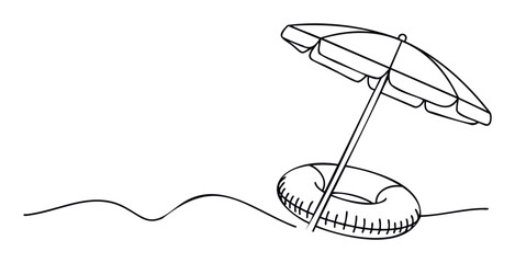 Minimalist line drawing of a beach umbrella and swim ring on sandy waves, perfect for summer vacation promotions and leisure travel campaigns.