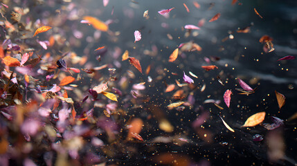 Golden koi fish swim beneath colorful autumn leaves on the Japanese garden pond water