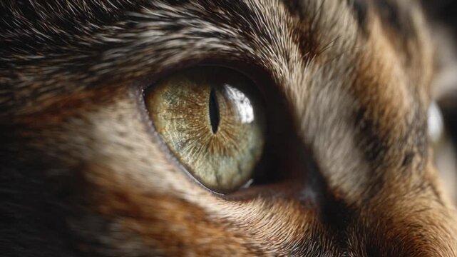 Close-up macro shot of a curious cat's green eye, showcasing intricate details of the iris and pupil, capturing a moment of intense feline focus and observation