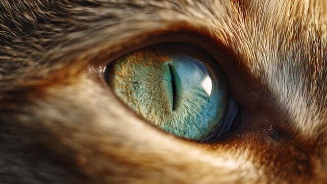 Close-up of a cat's captivating green eye with a slit pupil, showcasing intricate detail and vivid color, a symbol of feline mystique and natural beauty