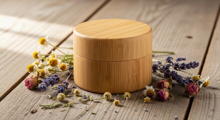 Rustic Beauty Product Display with Wooden Jar and Floral Accents