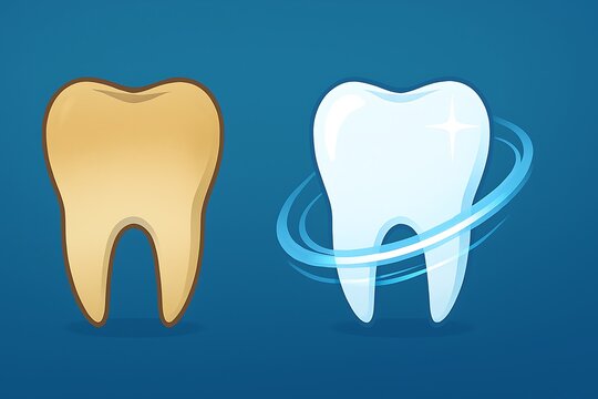 Yellow tooth compared to bright white tooth with blue swirling effect