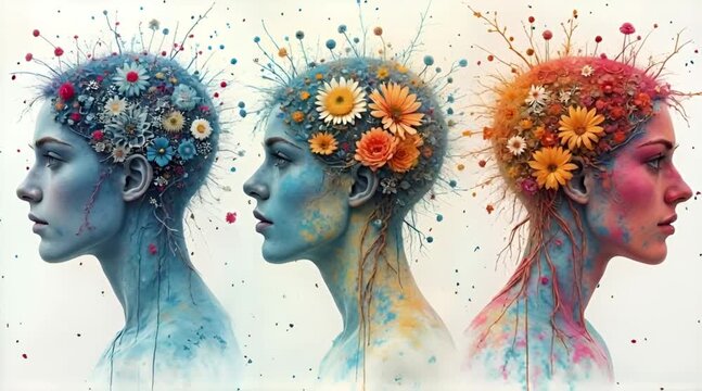 Surreal abstract artwork of three female profiles with heads blooming with vibrant flowers symbolizing creativity mental health nature and the emotional spectrum