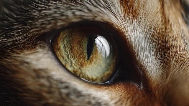 Captivating feline gaze with intricate fur details, showcasing the piercing green-gold iris and vertical pupil of a domestic cat's eye