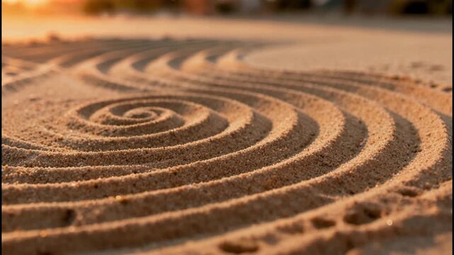 zen garden sand patterns at sunset with golden light and soft focus