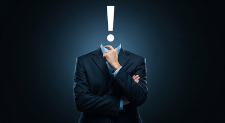 man in dark business suit with a question mark hovering above his head