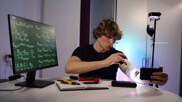 Man implants an AI bio chip into his forearm to connect with artificial intelligence while inspecting it with a small light creating a focused scene of experimental biotechnology work