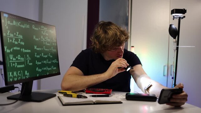 Man examines a glowing bio chip on his forearm using a small light while formulas and tools surround him creating a focused experimental scene with clear scientific concentration