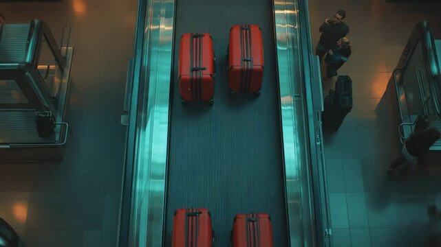 Overhead View of Two Red Suitcases on an Airport Baggage Claim Conveyor Belt.