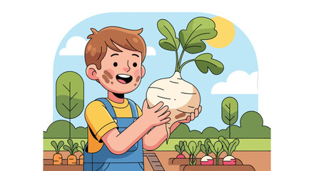 Young Farmer Proudly Displaying a Huge Turnip Harvested From the Garden In Summer Day