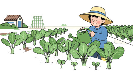 Young Gardener Nurtures Green Crops With Watering Can On A Sunny Day Illustration