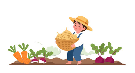 Young Farmer Harvesting Crops, Carrying Basket of Harvested Onions In A Garden