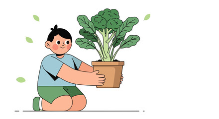 Young Gardener Hugging Broccoli Plant in a Brown Pot with Black Background