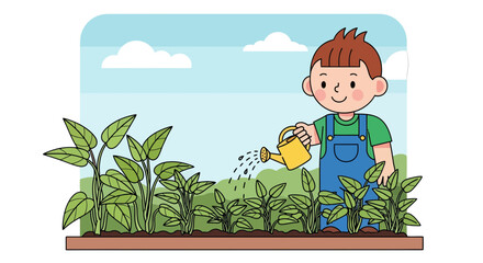 Young Gardener Nurturing His Plants With Watering Can Under A Cloudy Blue Sky
