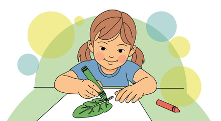 Young Girl Creatively Drawing A Leaf With A Green Crayon At A Table
