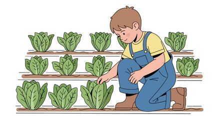 Young Gardener Tends to Lush Green Lettuce Plants in a Cultivated Garden Plot