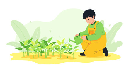 Young Gardener Water Plants: Cultivating Growth in a Vibrant, Artistic Illustration